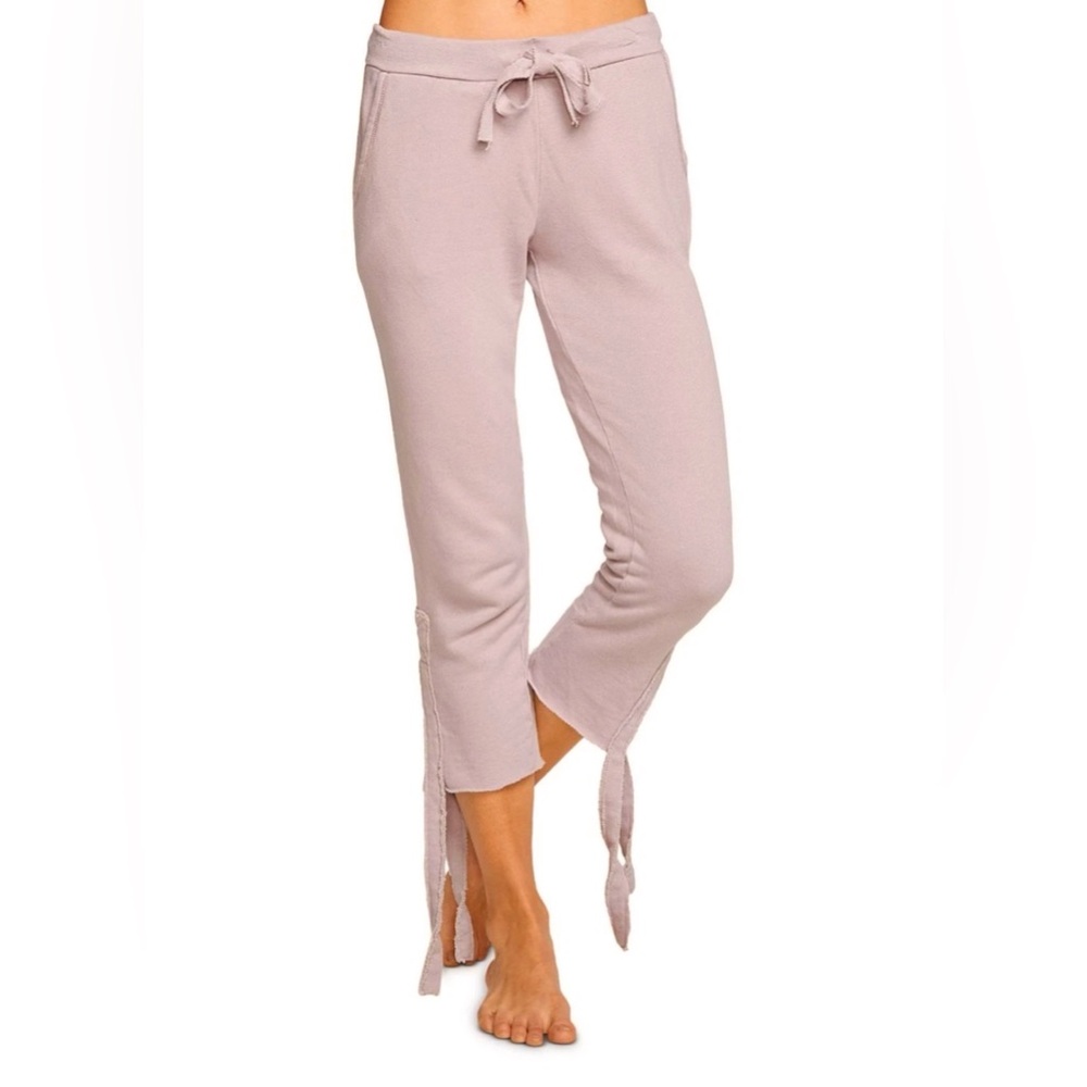 CHASER Pink Linen Blend French Terry Cropped Joggers Tie Detail